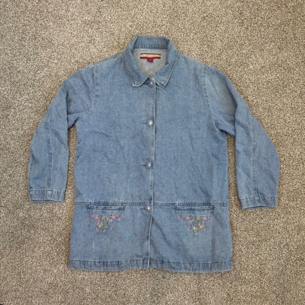 Vtg Button Up Lightweight Chore Jacket Womens‎ Medium Cottage Embroidered Floral